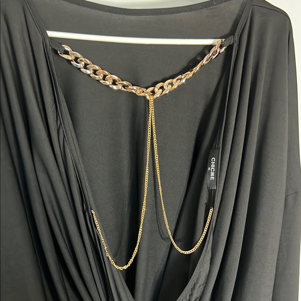 Chic Nation Black Draped Blouse with Gold Chain